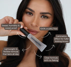 Woman holding a brow product with text highlighting features