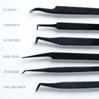 Set of black tweezers with various shapes and labels on a white background