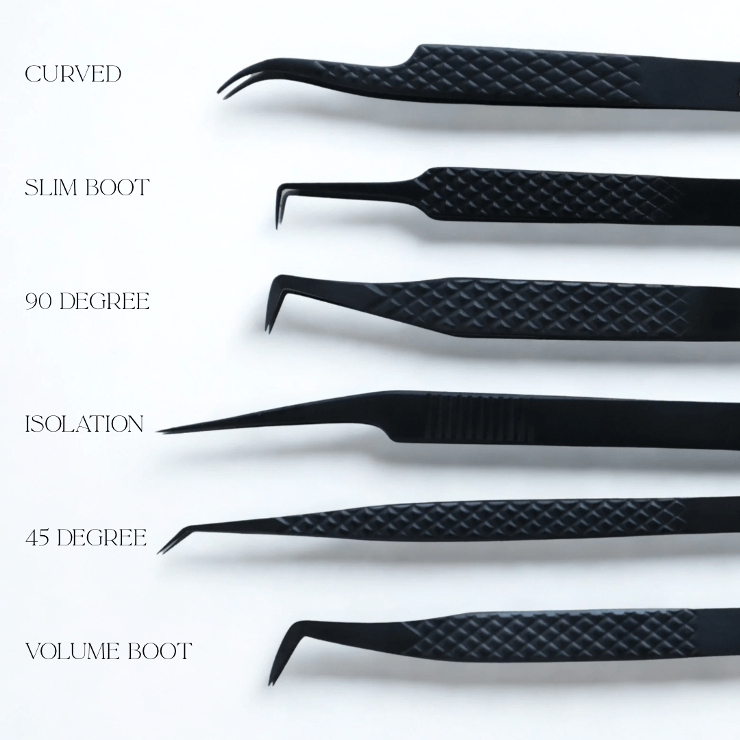 Set of black tweezers with various shapes and labels on a white background