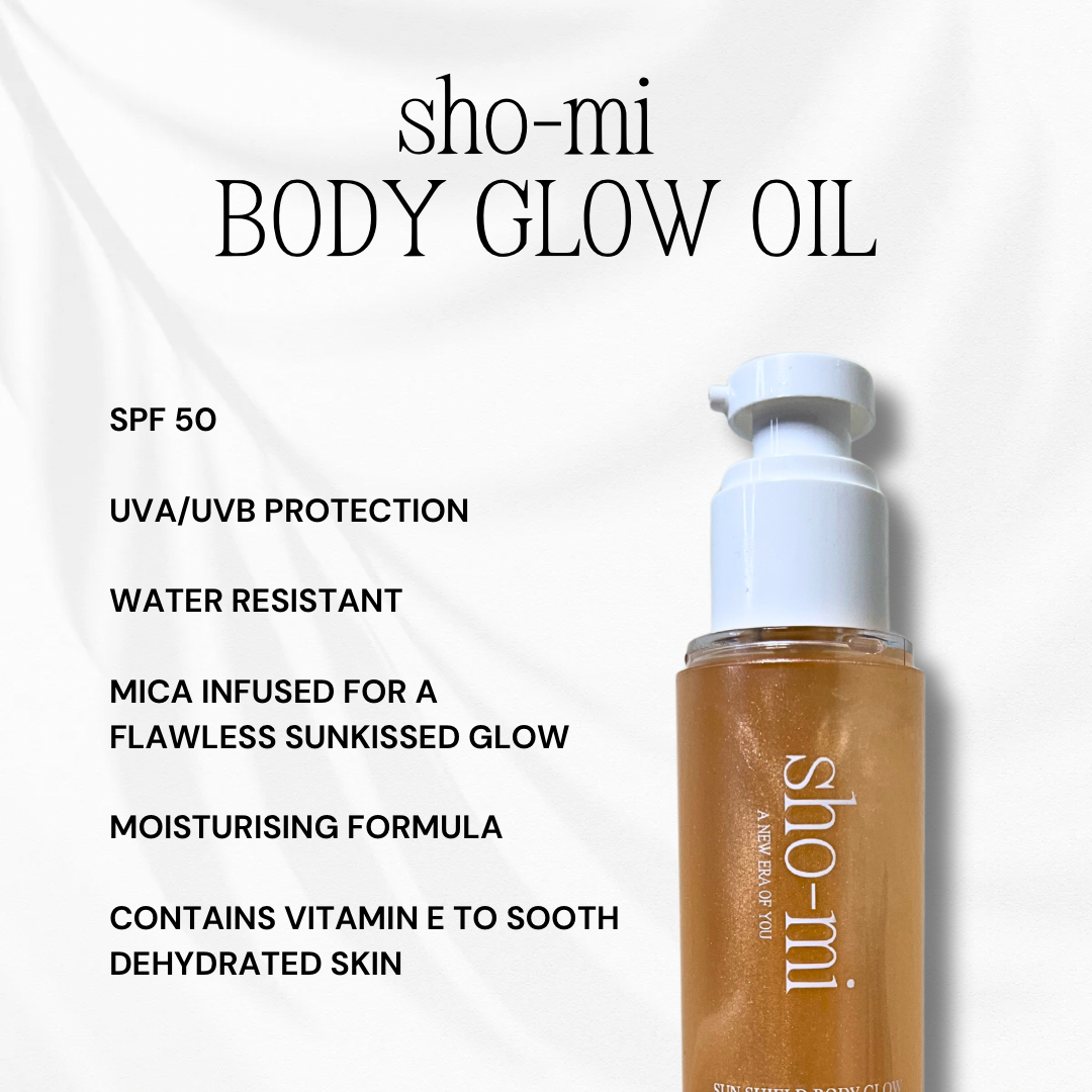 SHO-MI body oil with product information on a white background